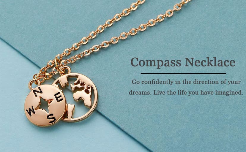 Zealmer Dainty 18K Gold Plated Compass World Map Pendant Necklace Graduation Gift for Friends