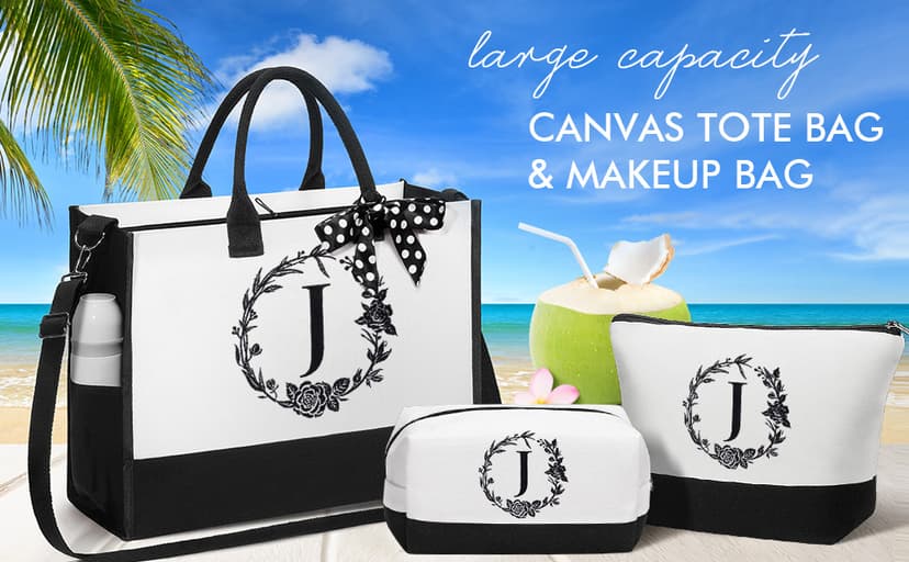Personalized Christmas Gifts for Women, Initial Canvas Tote Bag & Makeup Bag Monogrammed Beach Tote Bags for Women w/Zipper, Birthday Gifts for Mom Her Sister Friend Girlfriend Wife Daughter Teacher