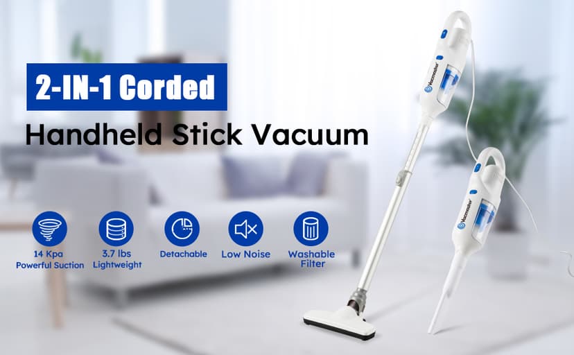 Vacmaster Corded Stick Vacuum Cleaner 2 in 1 Ultra-Lightweight 14Kpa Power Suction Handheld Vacuum Cleaner with Washable HEPA Filter for Home, Car, Pet Hair, Carpet, Hard Floor