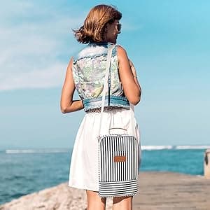 Tirrinia Insulated 2 Bottle Wine Gift Tote Bag - Wine Tumbler Glass Cooler Carrier for BYOB Restaurants, Wine Tasting, Travel, Park, Beach, Great Wine Lover Gift, Blue Stripe