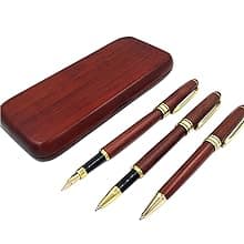 3 Pcs Wooden Pens Set with Gift Case/Best Writing Fountain Fancy Ballpoint Pen and Luxury Gel Pen with Ink Refills, Promotional Business Designer Pens