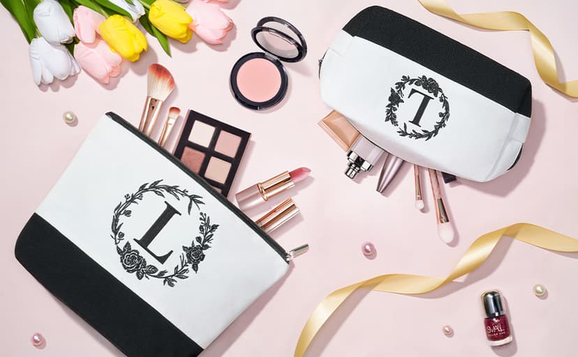 Personalized Christmas Gifts for Women, Initial Canvas Tote Bag & Makeup Bag Monogrammed Beach Tote Bags for Women w/Zipper, Birthday Gifts for Mom Her Sister Friend Girlfriend Wife Daughter Teacher