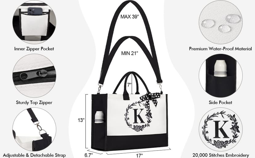 Personalized Christmas Gifts for Women, Initial Canvas Tote Bag & Makeup Bag Monogrammed Beach Tote Bags for Women w/Zipper, Birthday Gifts for Mom Her Sister Friend Girlfriend Wife Daughter Teacher