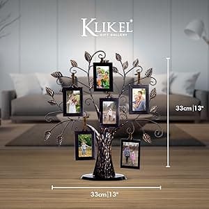 Klikel Family Tree Picture Frame Stand with 6 Hanging Photo Picture Frames - Medium Metal Tree 12 X 11 - Holds 6 Ornamental 2x3 Frames