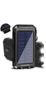 Solar Charger Power Bank, 20000mAh Portable Outdoor Waterproof Solar Battery Charger, Camping External Backup Battery Pack USB C Ports Input/Output, 2 Led Light Flashlight with Compass (Blue)