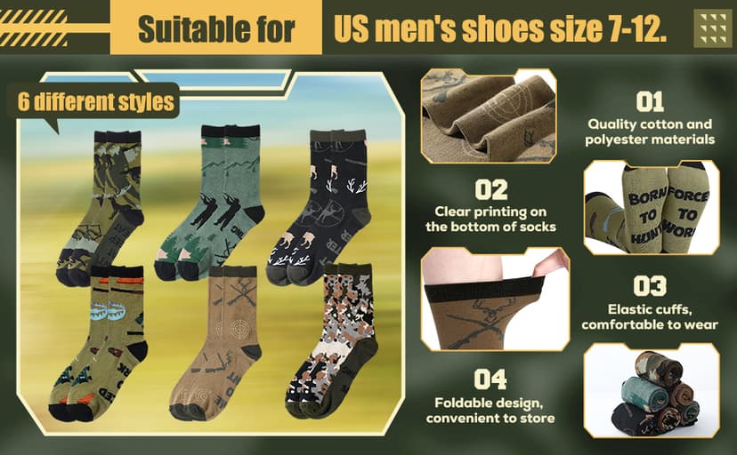 Eurzom 6 Pairs Funny Hunting Socks for Men Hunters Novelty Cotton Crew Socks Birthday Xmas Gift Accessories for Hunting Lover