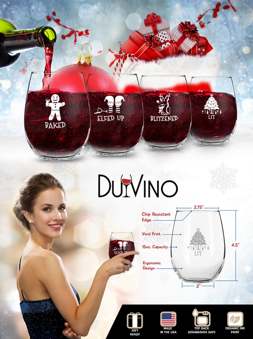 Drunk Christmas Funny Stemless Wine Glasses Set of 4 | Hilarious Christmas Themed Wine Glass for Holiday Party | 4 Designs | 15 oz Cheerful Party Cups & Gift Exchange Idea for White Elephant, Xmas