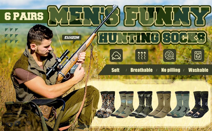 Eurzom 6 Pairs Funny Hunting Socks for Men Hunters Novelty Cotton Crew Socks Birthday Xmas Gift Accessories for Hunting Lover