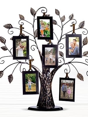 Klikel Family Tree Picture Frame Stand with 6 Hanging Photo Picture Frames - Medium Metal Tree 12 X 11 - Holds 6 Ornamental 2x3 Frames
