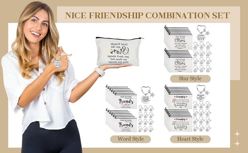 Paterr 24 Pcs Friend Gifts for Women Friendsgiving Makeup Bags Friendship Keychains Galentines Gifts Bulk Cosmetic Bags with Zipper for Roommate BFF Bestie Birthday Decorations(Star)