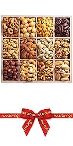 NUT CRAVINGS - Holiday Christmas Dried Fruit & Mixed Nuts Gift Basket in Reusable Wooden Tray + Ribbon (12 Assortments) Xmas Treats for Adults, Food Arrangement, Healthy Snack Care Package, Kosher