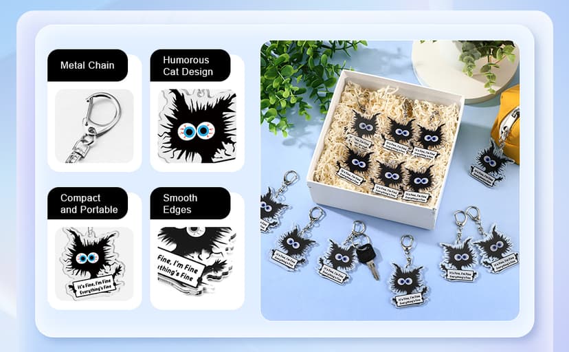 Funny Black Cat Keychains It's Fine Everything's Fine Appreciation Gifts for Cat Lovers Women Coworkers Employees