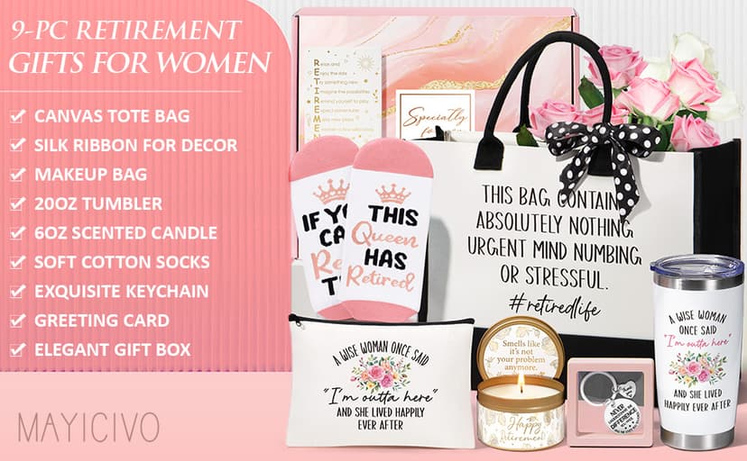 Happy Retirement Gift for Woman 2025, Funny Retirement Gifts for Women Coworkers, Cool Retired Gifts for Retirees Women Teacher Nurse Boss Friend Mom Grandma, Farewell Leaving Gift w/ Canvas Tote Bag