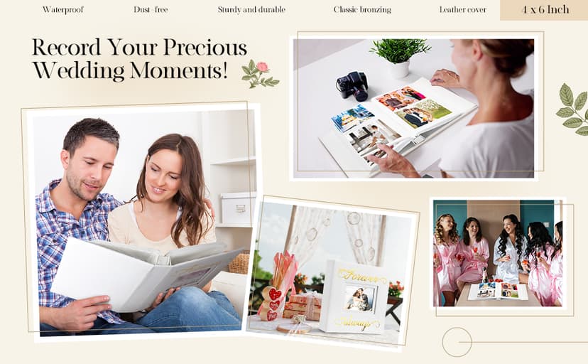 Memory Photo Album Holds 200 Pcs 4 x 6 Inch Leather Wedding Anniversary Family Photo Album with Front Window Double Heart Memory Scrapbook for Couple Gifts(50th Anniversary)