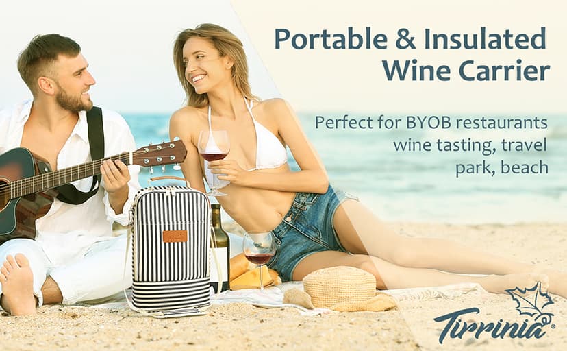 Tirrinia Insulated 2 Bottle Wine Gift Tote Bag - Wine Tumbler Glass Cooler Carrier for BYOB Restaurants, Wine Tasting, Travel, Park, Beach, Great Wine Lover Gift, Blue Stripe