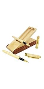 3 Pcs Wooden Pens Set with Gift Case/Best Writing Fountain Fancy Ballpoint Pen and Luxury Gel Pen with Ink Refills, Promotional Business Designer Pens