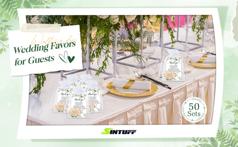 Sintuff 100 Sets Wedding Favors for Guests Rustic Wood Puzzle Keychain Thank You Card Organza Bag Wedding Party Bridal Shower Souvenir