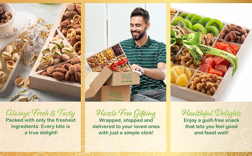 NUT CRAVINGS - Holiday Christmas Dried Fruit & Mixed Nuts Gift Basket in Reusable Wooden Tray + Ribbon (12 Assortments) Xmas Treats for Adults, Food Arrangement, Healthy Snack Care Package, Kosher