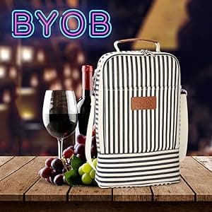 Tirrinia Insulated 2 Bottle Wine Gift Tote Bag - Wine Tumbler Glass Cooler Carrier for BYOB Restaurants, Wine Tasting, Travel, Park, Beach, Great Wine Lover Gift, Blue Stripe