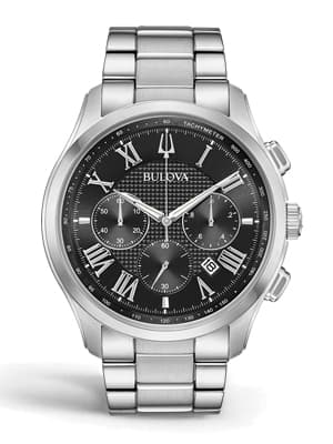 Bulova Men's Classic Wilton 3-Hand Chronograph, Luminous Hands, Roman Numeral Markers Domed Mineral Crystal, 43mm, Stainless Steel/Black Dial