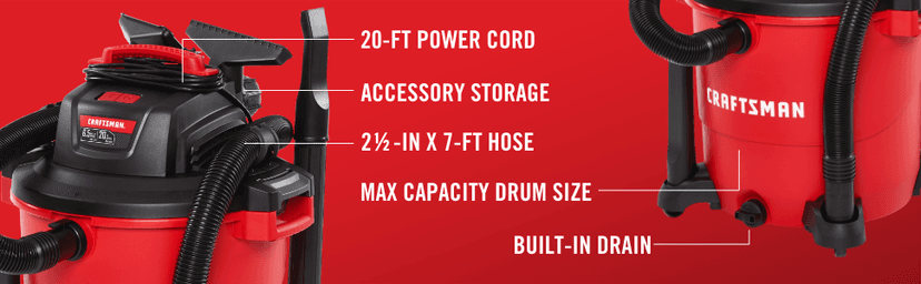 CRAFTSMAN CMXEVBE17596 20 Gallon 6.5 Peak HP Wet Dry Vac, Heavy-Duty Shop Vacuum Wet and Dry with Filter, Dust Bag, Hose and Attachments for Shop, Garage, Jobsite Cleaning