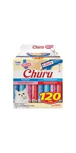 INABA Churu Cat Treats, Grain-Free, Lickable, Squeezable Creamy Purée Cat Treat/Topper with Vitamin E & Taurine, 0.5 Ounces Each Tube, 20 Tubes, Seafood Variety Box