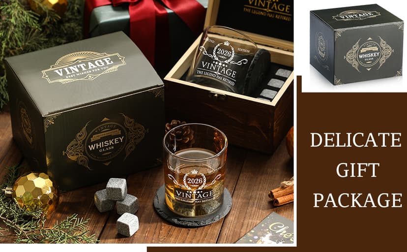 Retirement Gifts for Men Whiskey Glass Set - The Legend Has Retired 2025 - Retirement Party Decorations, Supplies - Gifts Ideas for Him, Dad, Husband, Friends - Wood Box & Whiskey Stones & Coaster