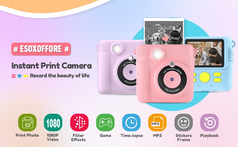 Kids Camera Instant Print, Christmas Birthday Gifts for Kids Age 3-12, Selfie Digital Camera with 1080P Videos,Toddler Portable Travel Cameras Toy for 4 5 6 7 8 9 Year Old Boys Girls-Blue