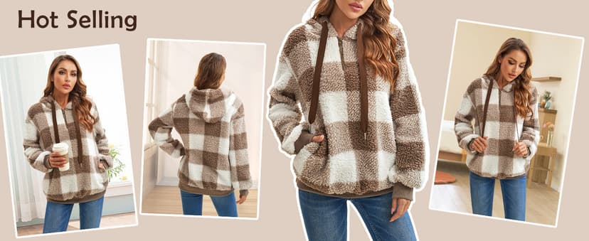 ReachMe Womens Oversized Sherpa Pullover Hoodie with Pockets Fuzzy Fleece Sweatshirt Plaid Fluffy Jacket Coat
