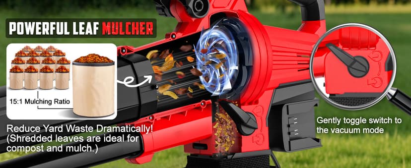 3-in-1 Electric Leaf Blower with Vacuum & Mulcher Compatible for Milwaukee 18V Battery, Leaf Vacuum Cordless with Bag 40L, Leaf Mulcher Cordless Leaf Blowers for Lawn Care, Turbo Mode (No Battery)