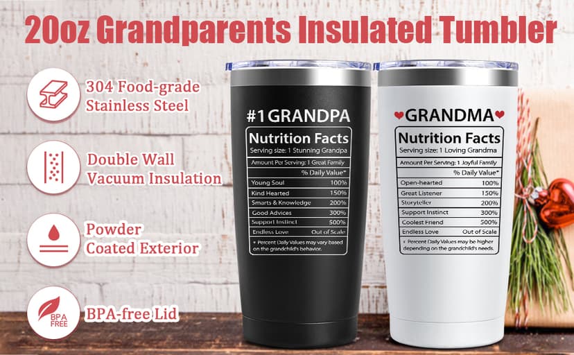 Lifecapido Gifts for Grandparents, 20oz Nutrition Facts Grandma Grandpa Tumbler Set, Grandparents Christmas Birthday Mothers Day Fathers Day Announcement Gifts for Grandma and Grandpa