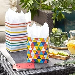 Hallmark Signature 7" Medium Gift Bag with Tissue Paper (Hooray; Gold with Pink, Teal, Purple Confetti) for Bridal Showers, Graduations, Retirements and More