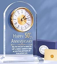 50th Anniversary Wedding Gift, Anniversary Quartz Clock, Desk Table Clock, 50 Years of Marriage, Golden Wedding for Couple, Parents, Grandparents (Wooden Base with LED Light)