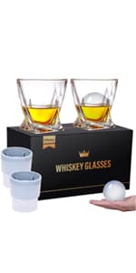Mfacoy Old Fashioned Whiskey Glasses Set of 4 (2 Crystal Bourbon Glasses, 2 Round Big Ice Ball Molds 11 Oz Rocks Glass with Gift Box, Barware for Scotch Cocktail Rum Vodka Liquor, Gifts for Men