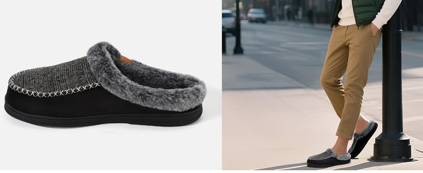 ATHMILE Men's Slippers Slip On Moccasin, Indoor Outdoor Warm Fuzzy Comfy House Shoes, Fluffy Wide Loafer Home Bedroom Slippers