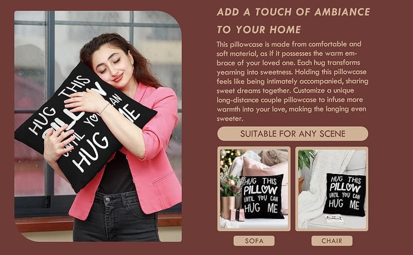 Sufamb Hug This Pillow Until You Can Hug Me Throw Pillow Covers, 18 x 18 Pillow Case, for Boyfriend Girlfriend Birthday Gifts, Long Distance Relationships Gifts (Black)(18x18in)