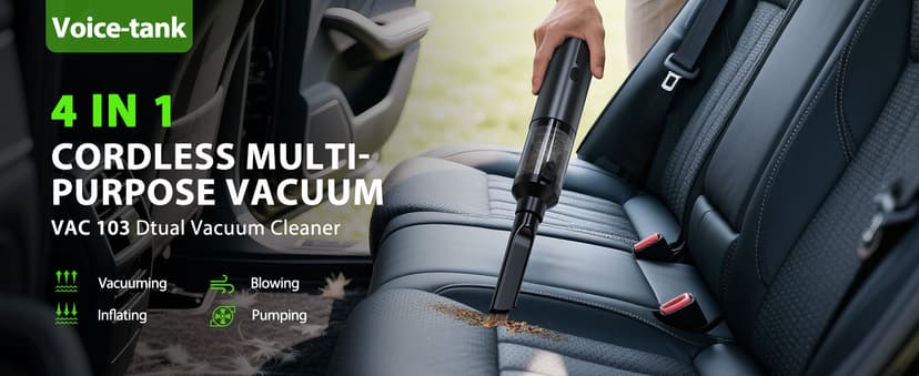 Car Vacuum Portable Cordless Handheld Vacuum Cleaner 4-in-1 Mini Cordless Vacuum with 2 Suction Modes and 16800pa Suction Power Blowing & Inflating 2 Modes Handheld Vacuum for Car, Desk, Keyboards