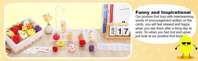 Shappy 10 Sets Inspirational Positive Fruit Toy Gift Cute Funny Wool Knitted Fruit Mini Employee Appreciation Gift Motivational Pun Card Organza Bag Classroom Team Vacation Party Favor for Student