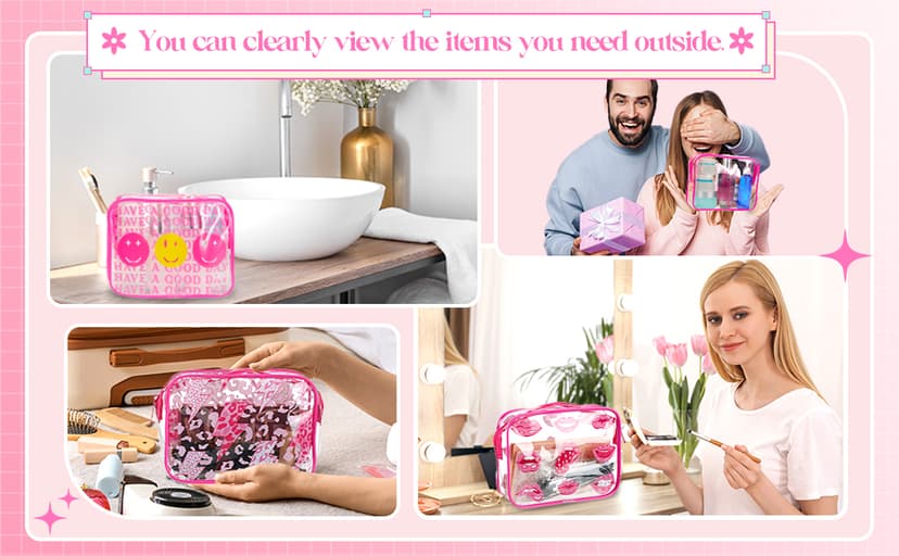 Cunno 6 Pcs Makeup Bags Gifts for Women Preppy Boho Smile Face Flamingo Clear Makeup Bags Cosmetic Transparent PVC Travel Toiletry Organizer(Boho Style)