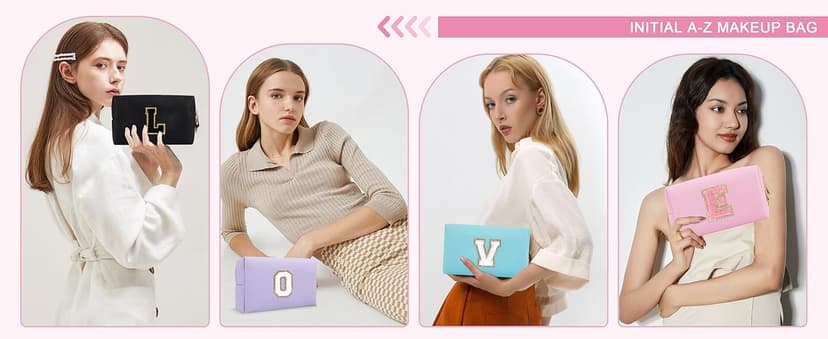 Small Personalized Initial A-Z Preppy Patch Makeup Bag,White PU Chenille Letter Travel Cosmetic Pouch with Zipper,Cute Toiletry Bag,Gift Ideal for Teen Girls Women Teacher Bridesmaid,Letter E
