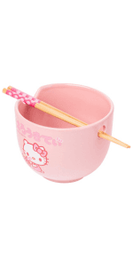 Silver Buffalo Sanrio Hello Kitty Strawberry Milk Japanese Character Ceramic Ramen Noodle Rice Bowl with Chopsticks, Microwave Safe, Pink, 20 Ounces