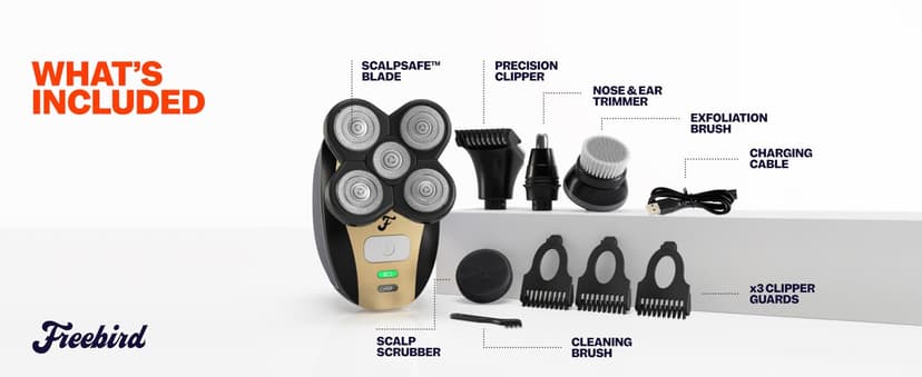 FlexSeries Electric Head & Body Hair Shaver - Mens Cordless Rechargeable Wet/Dry Skull Bald Head Back & Groin Waterproof Razor with Rotary Blades, Clippers, Nose Trimmer, Brush, Massager