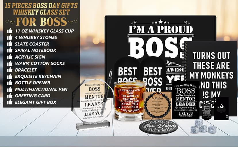 15 Pcs Boss Day Gifts for Men Whiskey Glass Set, Best Boss Ever Gifts with 11 Oz Whisky Glass Coaster Stones Socks Crystal Plaque Spiral Notebook Keychain, Bosses Inspirational Gift from Employees