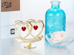 Matashi 24K Gold Plated "Happy Anniversary" Double Heart Table Top Ornament With Red-Cut Crystals