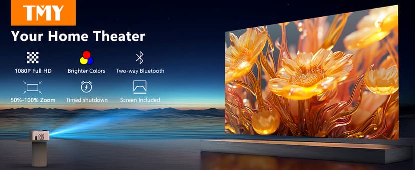 TMY Mini Projector, Upgraded Bluetooth Projector with Screen, 1080P Full HD Portable Projector, Movie Projector Compatible with TV Stick Smartphone/HDMI/USB, indoor & outdoor use