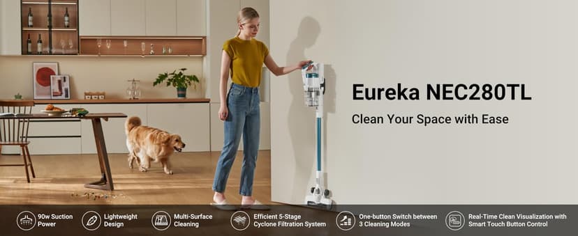 Eureka RapidClean Pro NEC280TL Cordless Stick Vacuum Cleaner – Lightweight 5.3 lbs, 40-Min Runtime, LED Headlights, 3 Power Modes, Ideal for Pet Hair, Hard Floors & Carpets