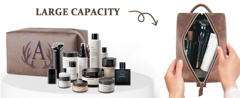 Mens Toiletry Bag Personalized Easter Fathers Day Birthday Gifts for Men Him Initial PU Leather Waterproof Shaving Bag for Toiletries Accessories Travel Essential for Dad Husband Boyfriend (M)