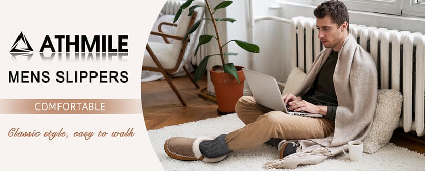 ATHMILE Men's Slippers Slip On Moccasin, Indoor Outdoor Warm Fuzzy Comfy House Shoes, Fluffy Wide Loafer Home Bedroom Slippers