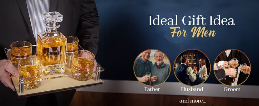 Personalized Whiskey Decanter Set with Wood Gift Box - Custom Bourbon and Scotch Gift Boxed Set