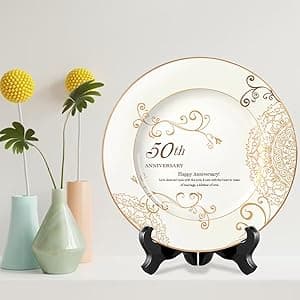 50th Anniversary Wedding Gifts for Couple/Parents/Grandparents, 50th Golden Presents for Marriage, Gold Porcelain Keepsake Plate with Stand, 10 inch